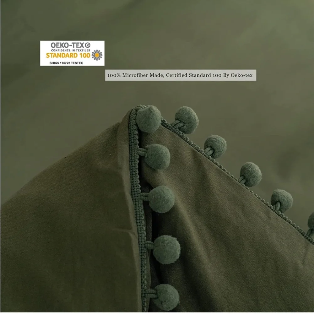 - New OLIVE GREEN Pom Pom Fringe Duvet Cover Set